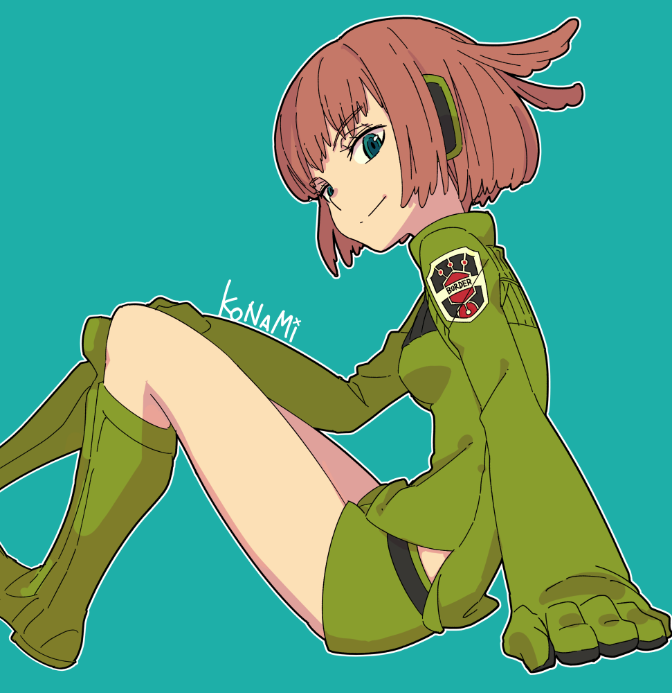 1girl, ammonio, blue_eyes, brown_hair, konami_kirie, short_hair, solo, world_trigger