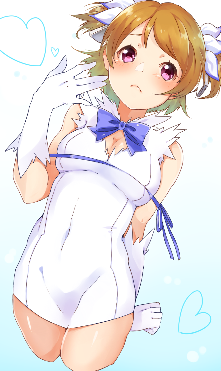 1girl, :c, arm_at_side, bow, brown_hair, cosplay, dungeon_ni_deai_wo_motomeru_no_wa_machigatteiru_darou_ka, elbow_gloves, gloves, hestia_(danmachi), hestia_(danmachi)_(cosplay), koizumi_hanayo, love_live!_school_idol_project, navel, rei_no_himo, ribbon, sakurazaka, short_hair, short_twintails, solo, tight_dress, twintails, violet_eyes, white_gloves
