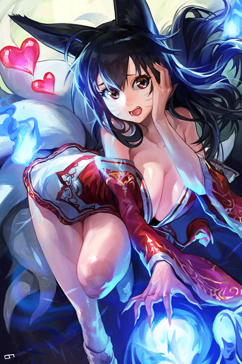 1girl, ahri, animal_ears, bare_shoulders, black_hair, breasts, cleavage, detached_sleeves