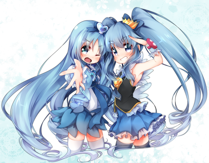 2girls, ;d, black_legwear, blue_bow, blue_eyes, blue_hair, blue_skirt, blush