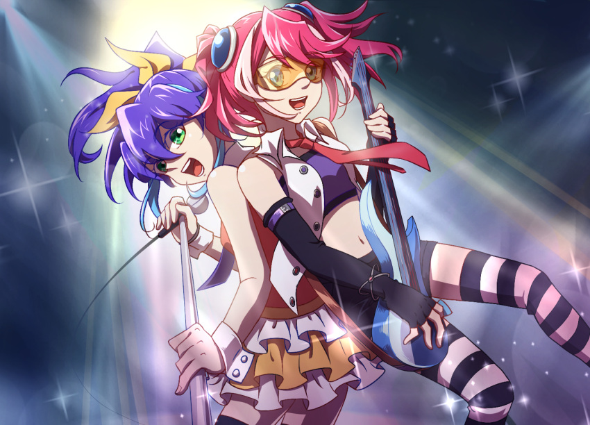 2girls, :d, bass_guitar, blue_eyes, blue_hair, bow, elbow_gloves, fingerless_gloves
