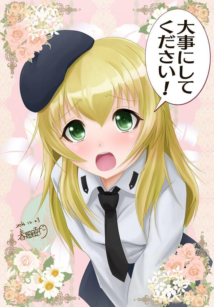 1girl, artist_name, beret, blonde_hair, blush, carpaccio, dated, dress_shirt