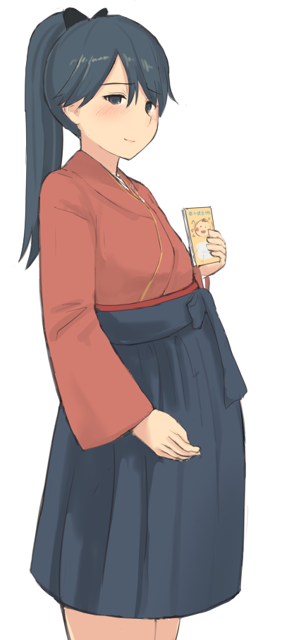 1girl, black_eyes, black_hair, book, hand_on_own_stomach, houshou_(kantai_collection), japanese_clothes, kantai_collection
