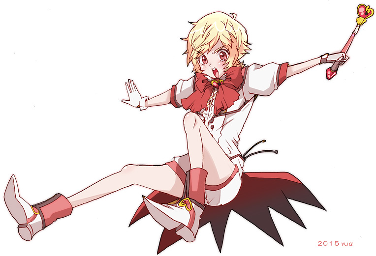 1boy, binan_koukou_chikyuu_bouei-bu_love!, blonde_hair, blush, boots, gloves, hakone_yumoto, heart