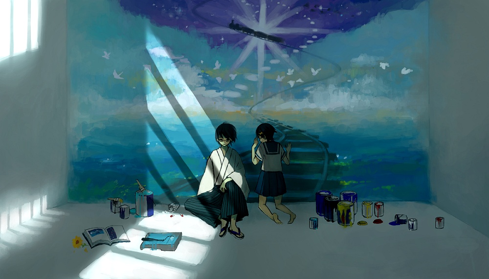 bird, black_hair, book, cloud, clouds, flower, fuura_kafuka, glasses, hair_ornament, hairclip, hakama, itoshiki_nozomu, japanese_clothes, karua_(artist), karua_(teikiatsugirl), kimono, paint, paintbrush, painting, roller, sandals, sayonara_zetsubou_sensei, school_uniform, serafuku, short_hair, skirt, sky, train, trim_brush