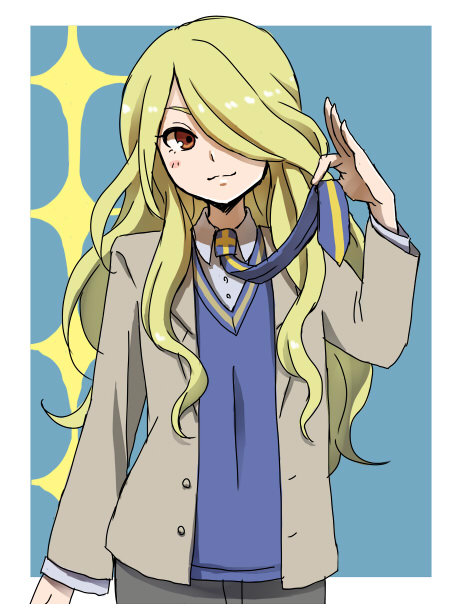1boy, androgynous, blonde_hair, blush, hair_over_one_eye, hinano_kinsuke, inazuma_eleven, inazuma_eleven_(series), inazuma_eleven_go, long_hair, male_focus, necktie, red_eyes, school_uniform, solo