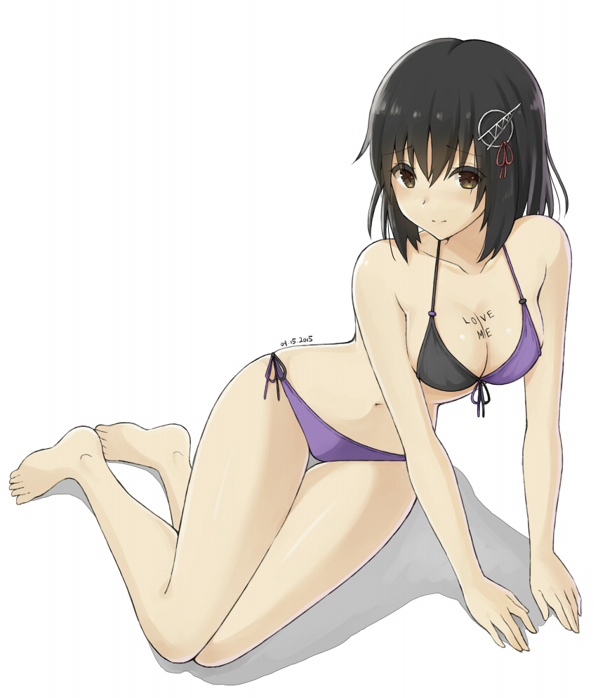 1girl, aemu_(august_life), bikini, black_hair, breasts, brown_eyes, cleavage, haguro_(kantai_collection), hair_ornament, kantai_collection, short_hair, swimsuit