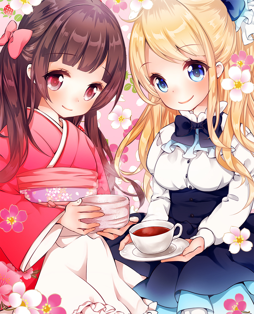2girls, apron, blonde_hair, blue_eyes, blush, bow, brown_hair, cup