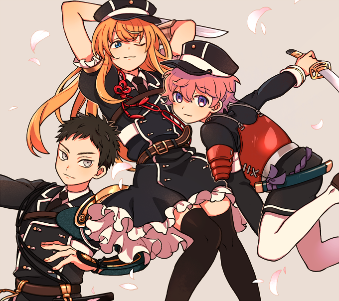 3boys, akita_toushirou, atsushi_toushirou, black_hair, black_legwear, blonde_hair, blue_eyes, double-breasted, dress, grey_eyes, hat, legwear_under_shorts, luo_zi, male_focus, midare_toushirou, military, military_uniform, multiple_boys, necktie, one_eye_closed, otoko_no_ko, pantyhose, petals, pink_hair, shorts, sword, tantou, thigh-highs, touken_ranbu, uniform, violet_eyes, weapon