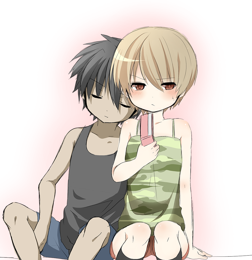 1boy, 1girl, black_hair, blush, brown_eyes, brown_hair, cellphone, closed_eyes