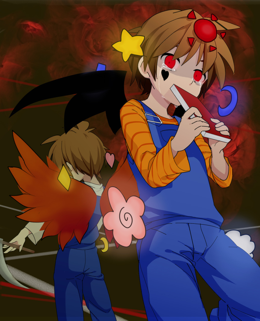 2boys, angel_wings, book, brown_hair, crescent, demon_wings, dual_persona, flower