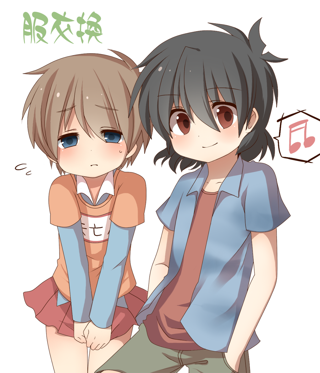 1boy, 1girl, alternate_costume, black_hair, blue_eyes, blush, brown_eyes, brown_hair