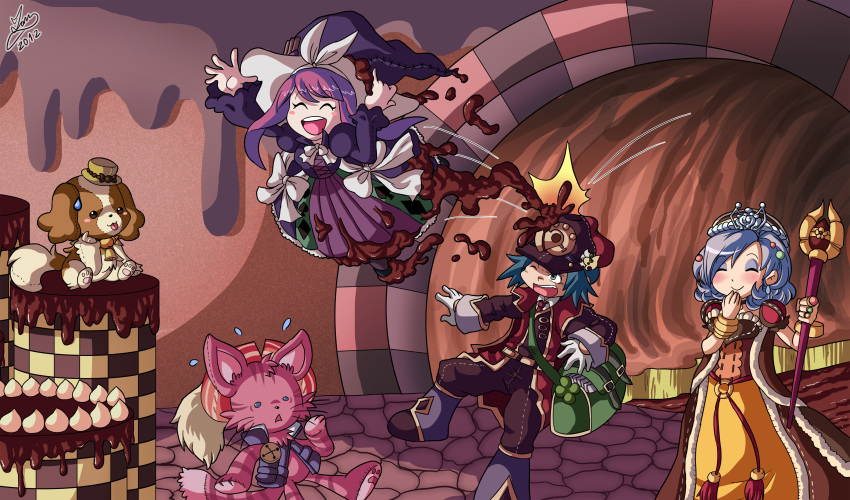 1boy, 2girls, absurdres, cake, cat, chocolate, dark_yamatoman, dog, duel_monster, food, hat, highres, madolche_cruffssant, madolche_magileine, madolche_messengelato, madolche_mewfeuille, madolche_queen_tiaramisu, multiple_girls, open_mouth, signature, smile, staff, stepping, sweatdrop, witch_hat, yuu-gi-ou