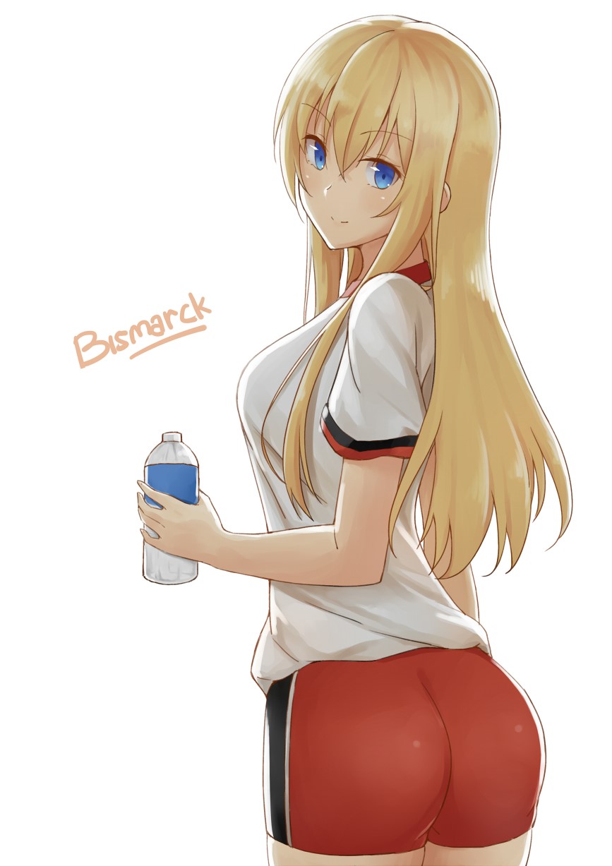 1girl, aemu_(august_life), ass, bismarck_(kantai_collection), blonde_hair, blue_eyes, bottle, breasts, character_name, highres, kantai_collection, large_breasts, long_hair, looking_back, shorts, smile, solo, t-shirt, water_bottle