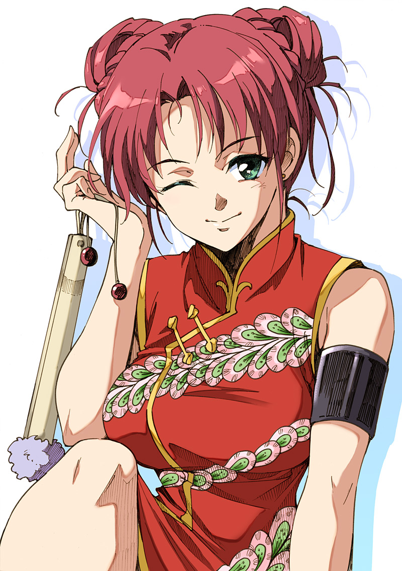 1girl, agahari, china_dress, chinese_clothes, double_bun, eve:_burst_error, green_eyes, houjou_marina