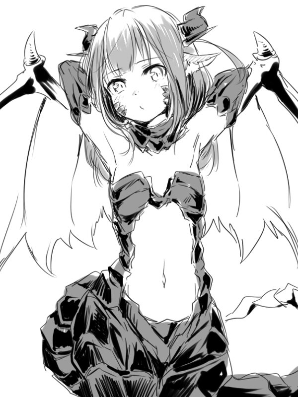 1girl, animal_ears, bare_shoulders, clam_shell_(ole_tower), demon_girl, elbow_gloves, gloves, horns, looking_at_viewer, mataichi_matarou, monochrome, ole_tower, sketch