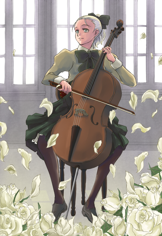 1girl, black_shoes, bow, bow_(instrument), cello, chair, ezu, flower, giselle_stolzenberg, green_eyes, instrument, pantyhose, petals, playing_instrument, ponytail, quartett!, school_uniform, sitting, white_hair, window