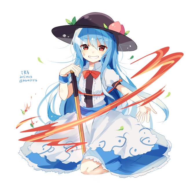1girl, amano_kenpi, blue_hair, bowtie, food, fruit, grin, hat
