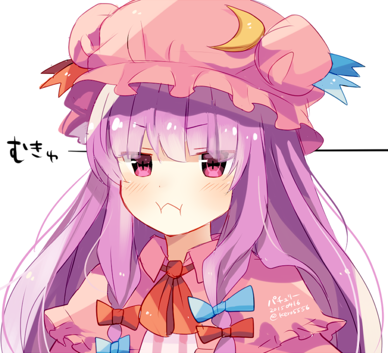 1girl, amano_kenpi, blush, capelet, crescent, hat, jewelry, looking_at_viewer, patchouli_knowledge, pout, purple_hair, simple_background, solo, touhou, upper_body, violet_eyes
