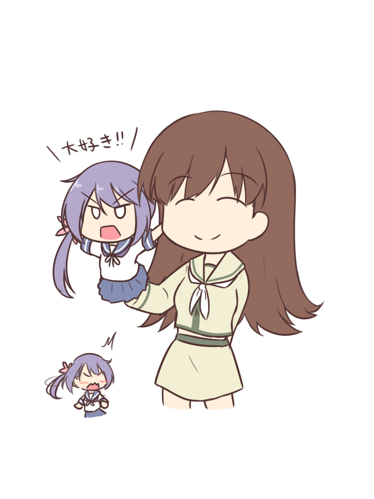 /\/\/\, 2girls, akebono_(kantai_collection), bell, blue_skirt, brown_hair, character_doll, closed_eyes