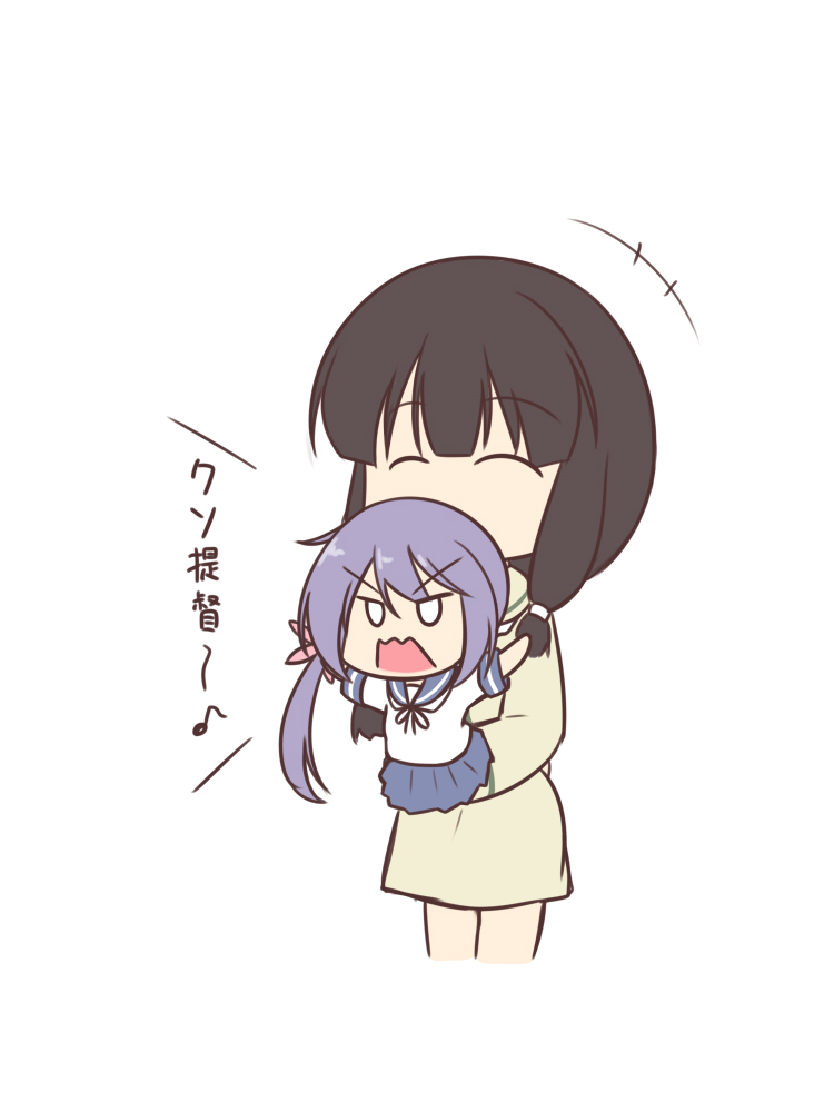 +++, 2girls, ^_^, akebono_(kantai_collection), bell, black_hair, blue_skirt, character_doll