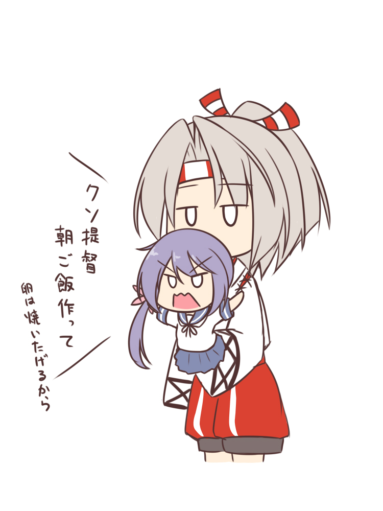 2girls, akebono_(kantai_collection), bell, blue_skirt, character_doll, flower, hachimaki, hair_bell