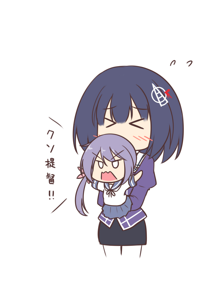 >_<, 2girls, akebono_(kantai_collection), bell, black_hair, black_skirt, blue_skirt, character_doll