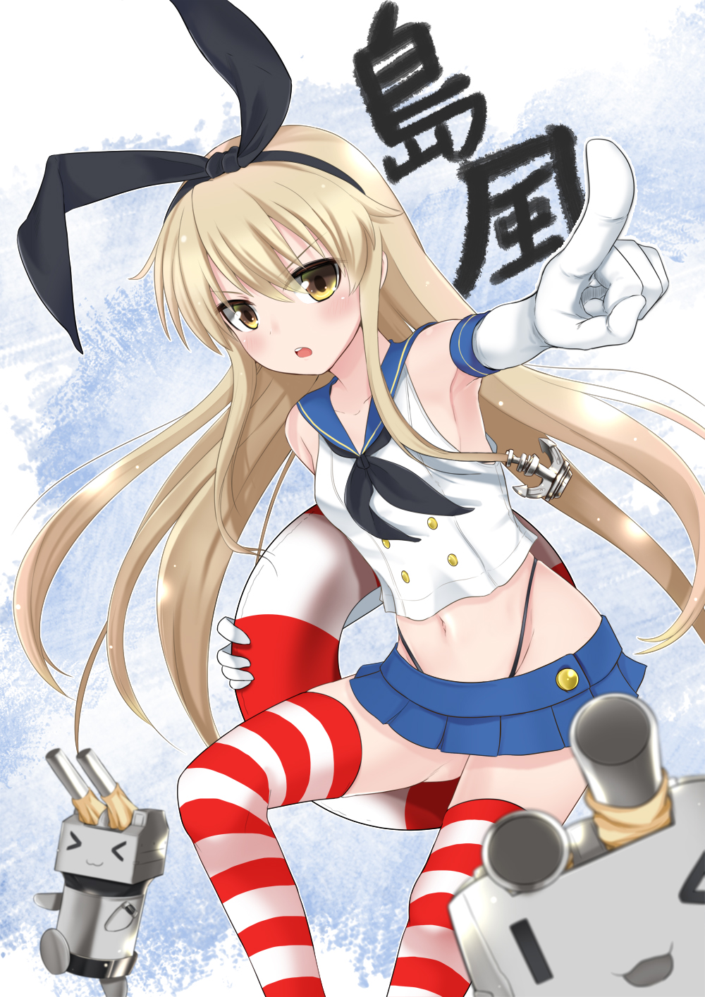 1girl, anchor_hair_ornament, bare_shoulders, blonde_hair, blue_skirt, bow, brown_eyes, crop_top