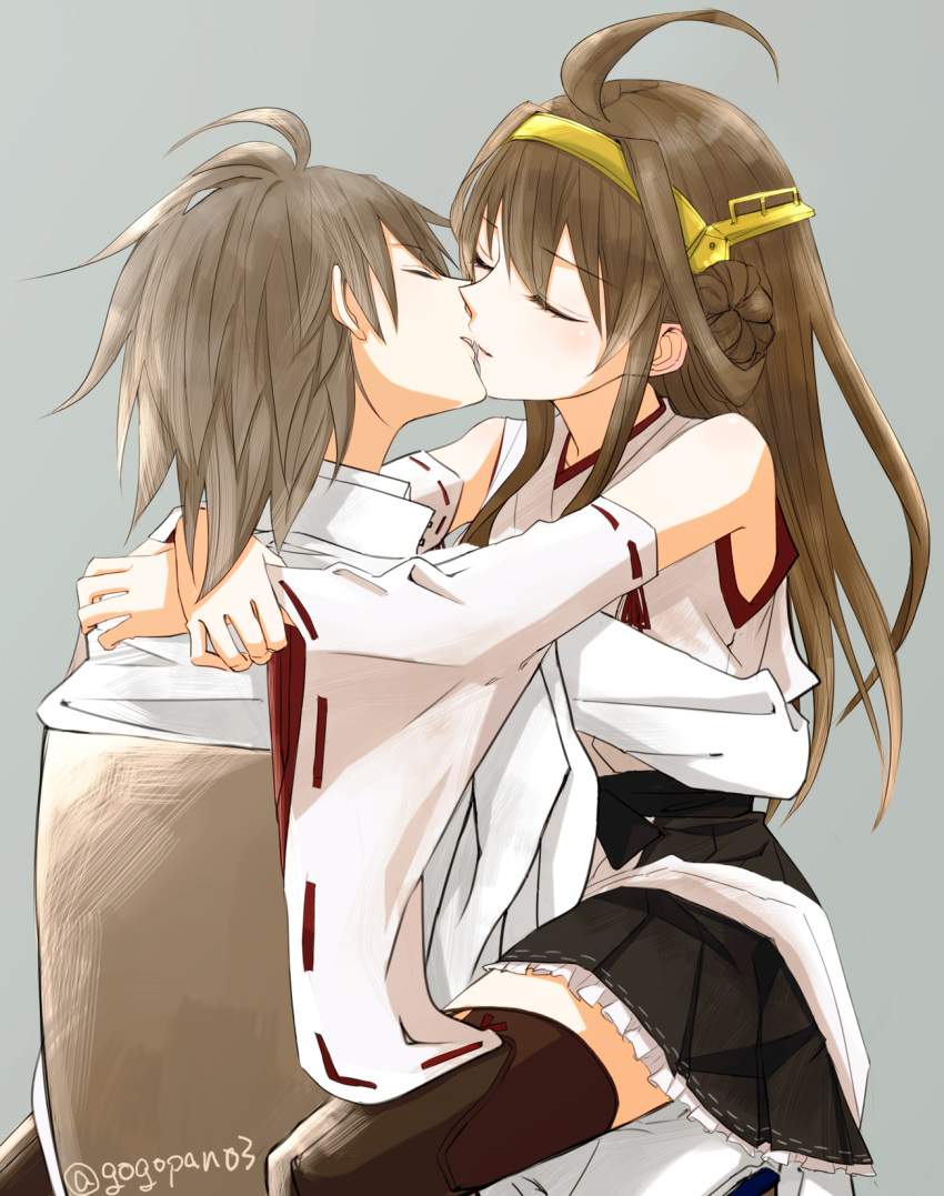 2girls, ahoge, brown_hair, chair, closed_eyes, female_admiral_(kantai_collection), gogono_pan'ya, hairband