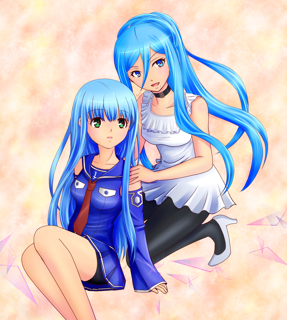 1girl, 2girls, aoki_hagane_no_arpeggio, blue_eyes, blue_hair, detached_sleeves, dress, green_eyes