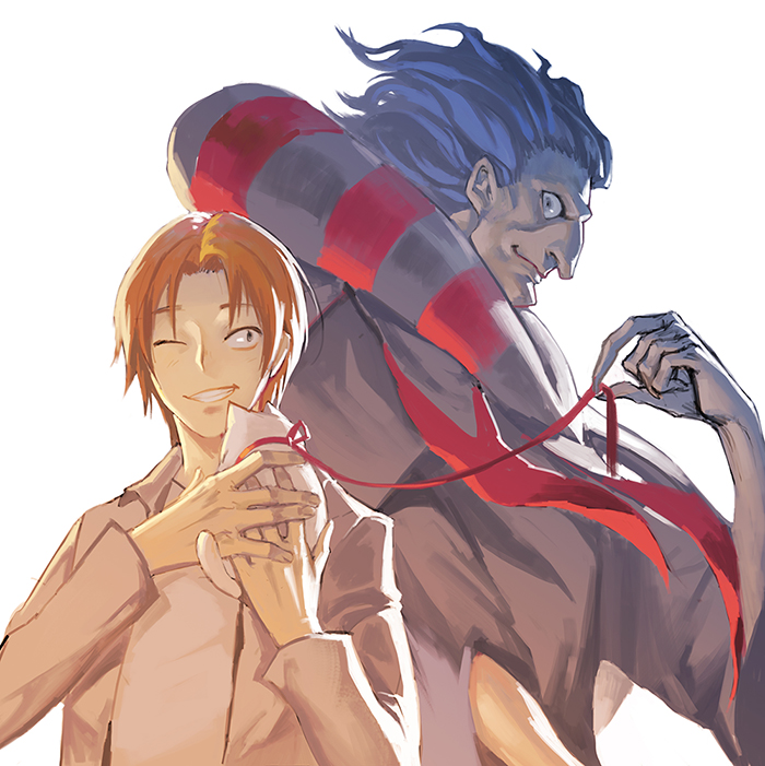 2boys, blue_hair, caster_(fate/zero), cat, cowl, fate/zero, fate_(series), kitten