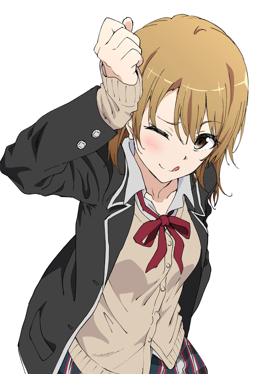 1girl, ;q, blazer, brown_eyes, brown_hair, cardigan, dojikko_pose, highres