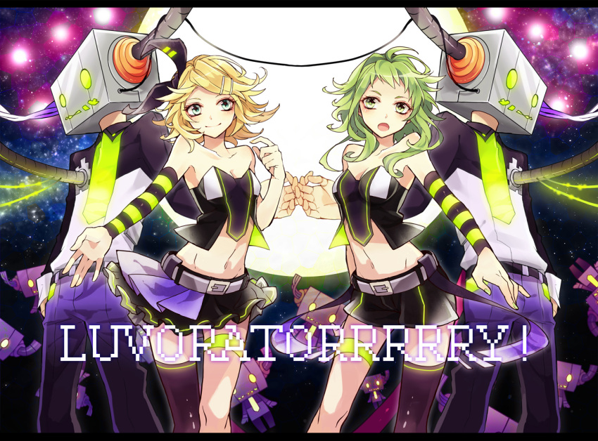 2boys, 2girls, ahoge, belt, black_legwear, blonde_hair, blue_eyes, breasts