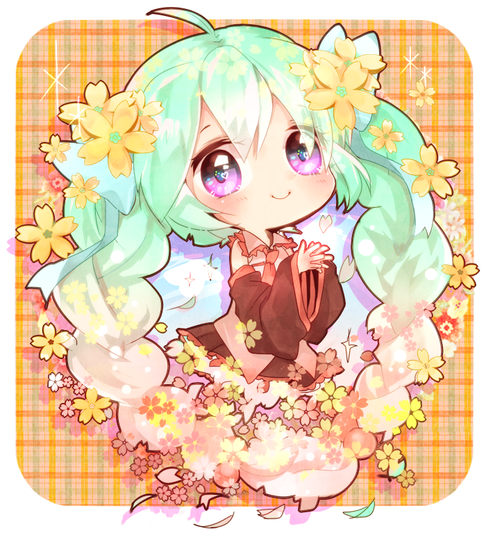 1girl, ahoge, chibi, detached_sleeves, flower, green_hair, hair_flower, hair_ornament