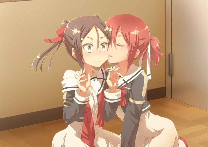 2girls, blush, brown_hair, cheek_kiss, green_eyes, hair_ornament, hair_ribbon, hairclip
