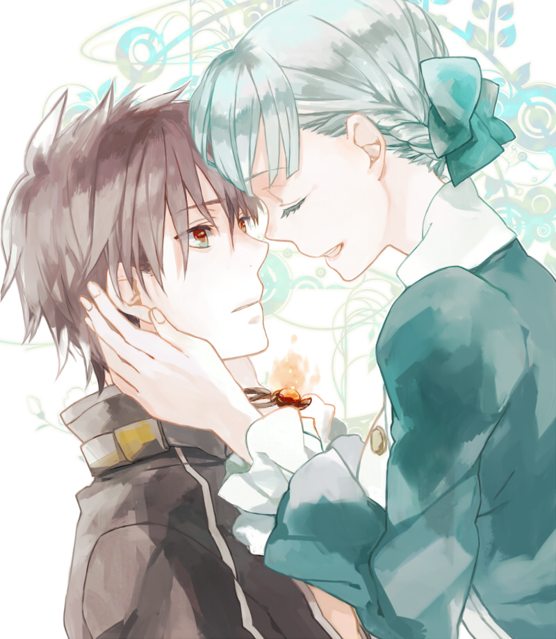 1boy, 1girl, alice_elliot, black_hair, brown_eyes, closed_eyes, forehead-to-forehead, hand_on_another's_face