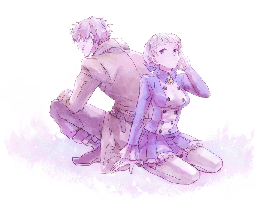 1boy, 1girl, alice_elliot, ritsuko_(rittii), shadow_hearts, short_hair, silver_hair, skirt