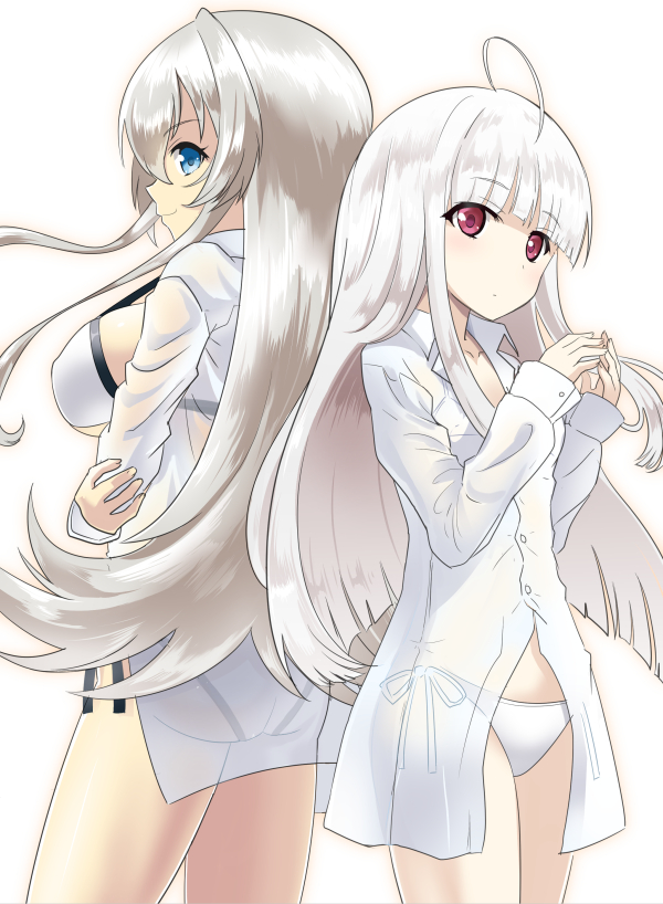 05_(passelclow), 2girls, absolute_duo, ahoge, back-to-back, blue_eyes, long_hair, looking_at_viewer
