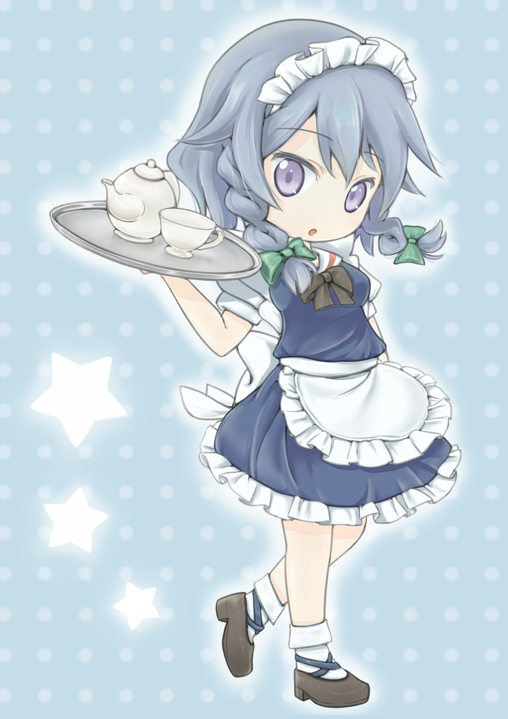 1girl, ankle_socks, apron, blue_background, braid, chibi, cup, frilled_apron