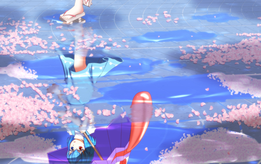1girl, blue_eyes, blue_hair, cherry_blossoms, commentary_request, geta, heterochromia, karakasa_obake