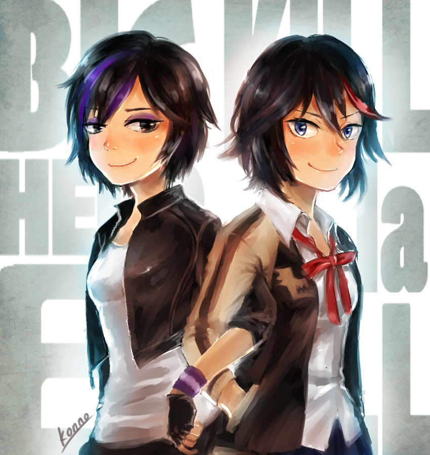 2girls, artist_name, back-to-back, big_hero_6, black_hair, blue_eyes, brown_eyes, crossover