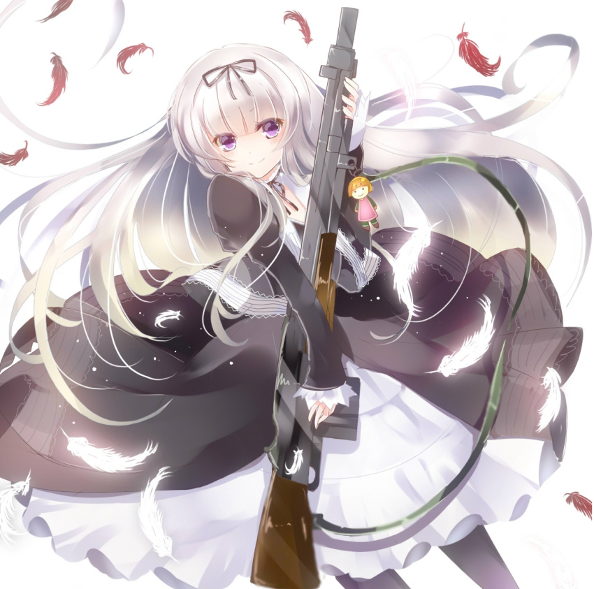 1girl, black_lagoon, charm_(object), dress, feathers, gothic_lolita, gretel_(black_lagoon), gun