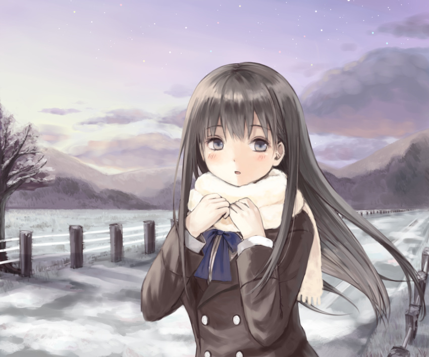 black_hair, blush, bowtie, clouds, cloudy_sky, eyebrows_visible_through_hair, fence, grey_eyes