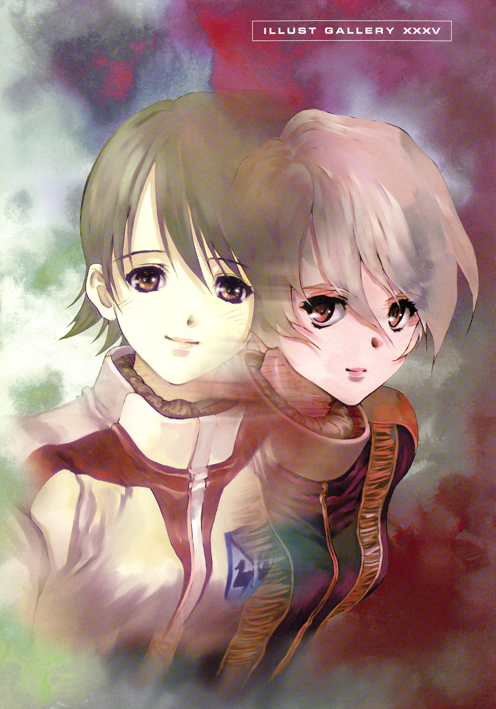 asuna_elmarit, brown_eyes, brown_hair, ecole_du_ciel, gundam, highres, mikimoto_haruhiko, multiple_girls