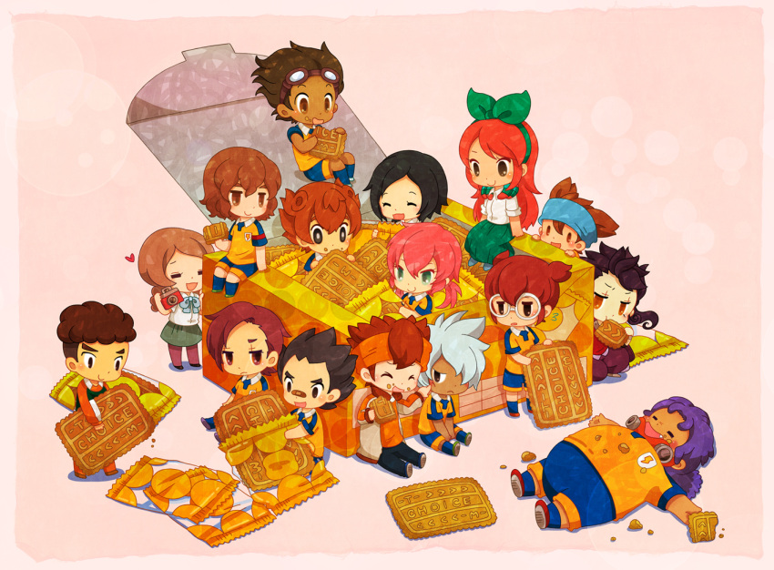 3girls, 6+boys, amagi_daichi, armband, bandaid, bandaid_on_nose, black_hair, blue_hair