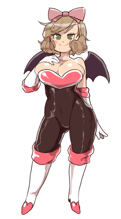 1girl, bare_shoulders, bat_wings, bodysuit, boots, bow, breasts, brown_hair