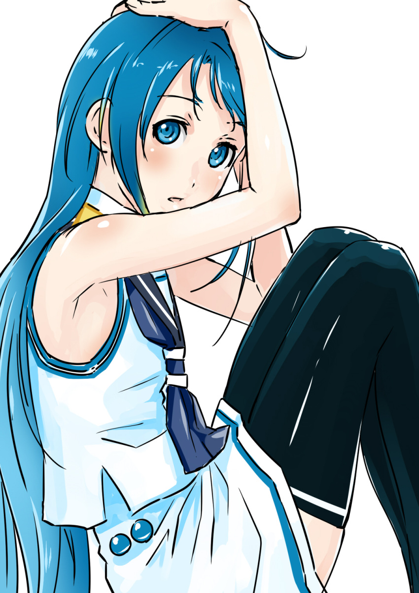 1girl, armpits, bare_arms, bare_shoulders, blue_eyes, blue_hair, blush, hands_on_own_head