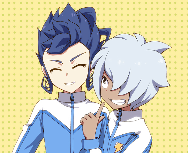 2boys, blue_hair, closed_eyes, earth_eleven, grin, hair_over_one_eye, inazuma_eleven_(series), inazuma_eleven_go