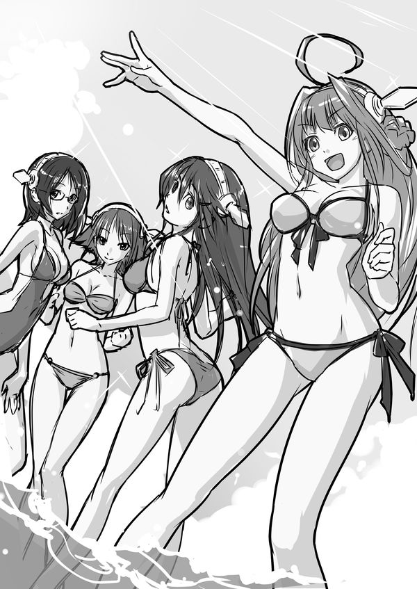 4girls, ahoge, bikini, breasts, cleavage, contrapposto, glasses, haruna_(kantai_collection)