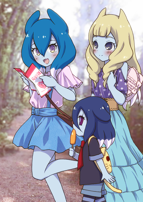 3girls, backpack, bag, blonde_hair, blue_hair, blue_skin, blush, churuka_potta